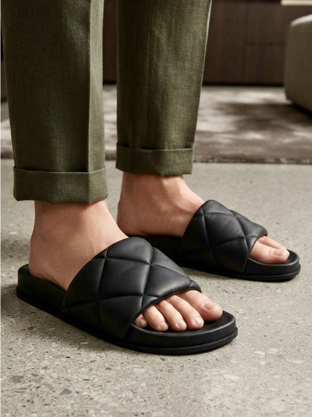 Bottega Veneta Quilted Black Rubber Men's Sandals
